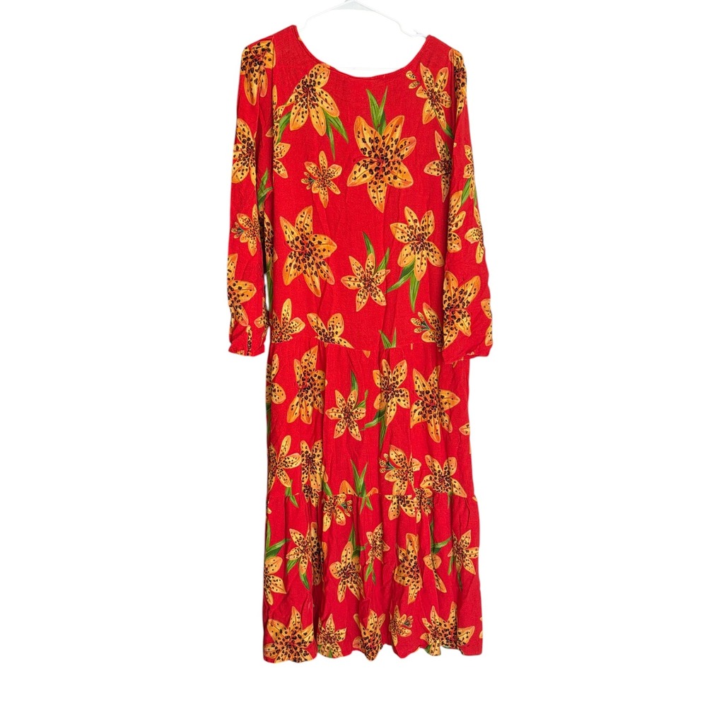 Farm Rio Maxi Dress Womens XL Red Golden Lily Boho Tiered Long Sleeve Viscose - Picture 4 of 10